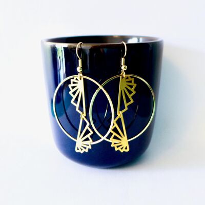 Art Deco gold hoop earrings with origami graphic wings