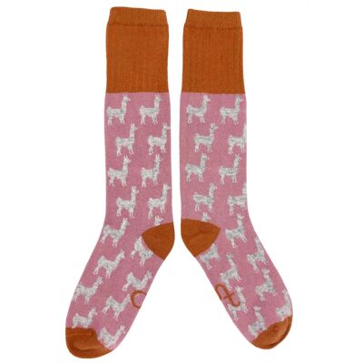 Women's Lambswool Boot Socks - llamas - pink