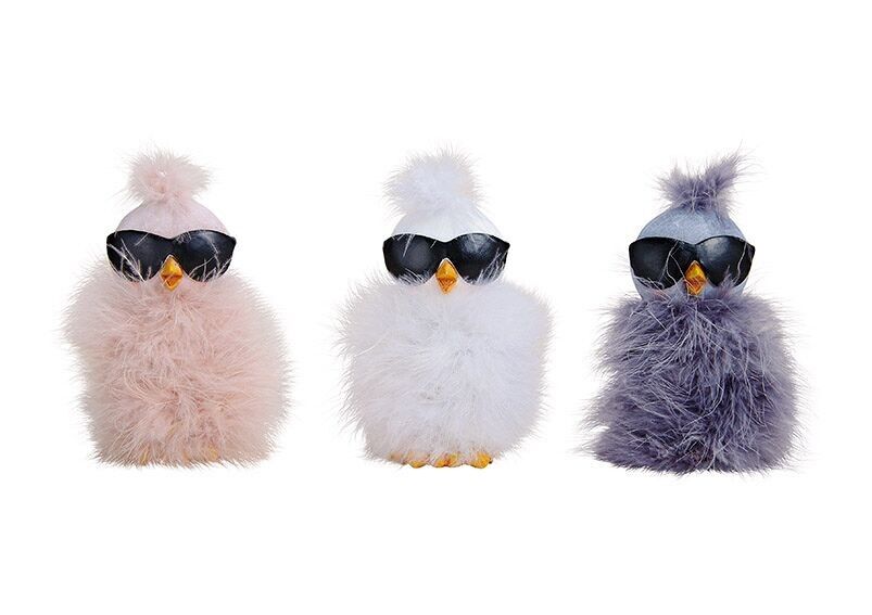 Pulcino con occhiali da sole, decorazioni di piume in poli bianco, rosa, grigio 3 volte, (L / A / P) 7x17x4cm