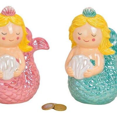 Mermaid money box made of ceramic pink / green 2-way