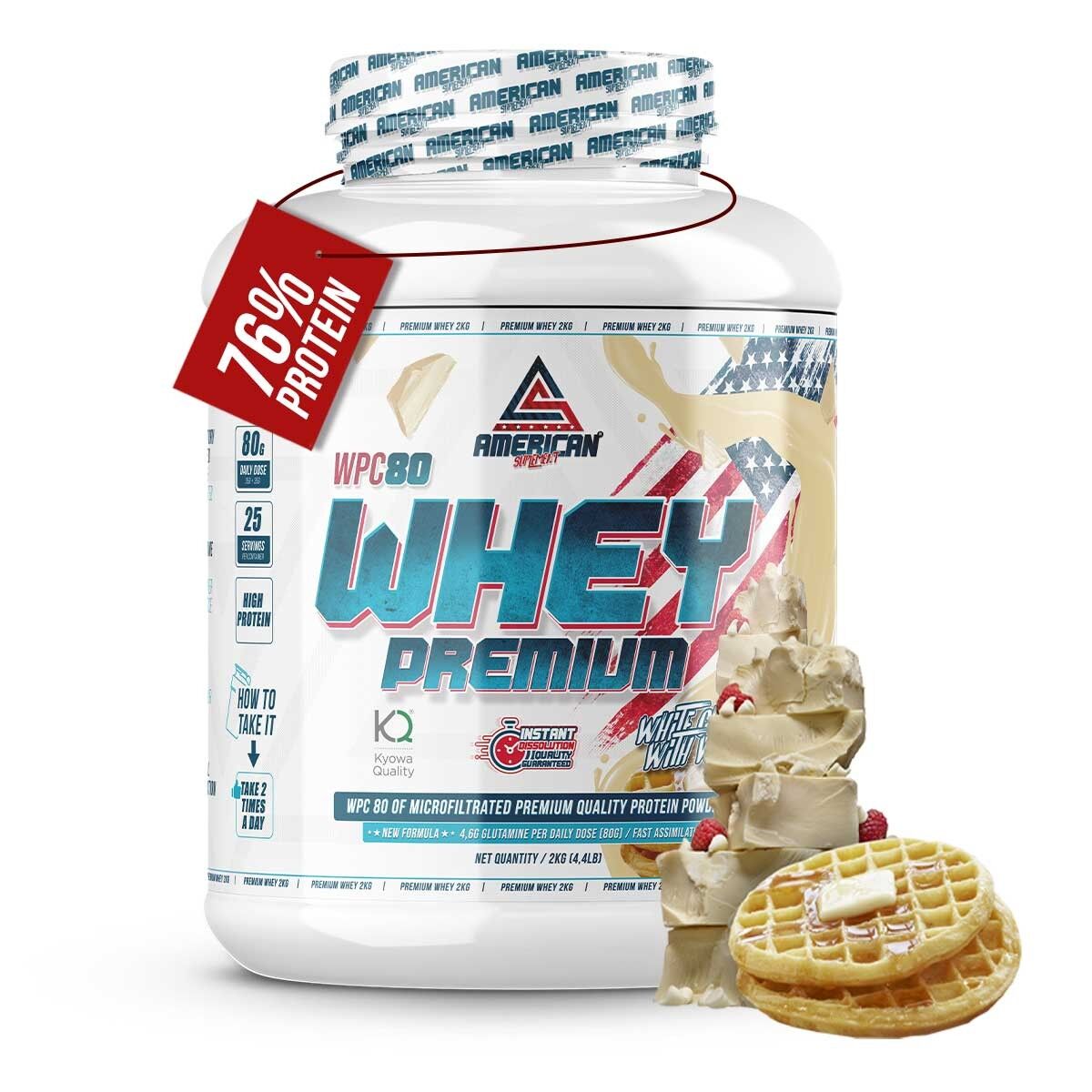 AS American Supplement | Premium Molkenprotein 2 kg | Weiße Schokolade mit Waffeln | Molkenprotein | L-Glutamin Kyowa Quality®