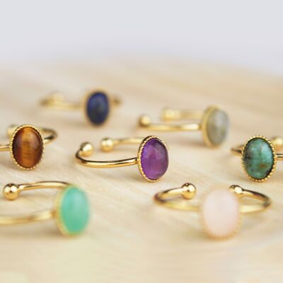 Adjustable gold-plated natural stone ring, amethyst jewelry, amazonite, rose quartz, tiger's eye, lapis lazuli