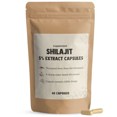 Cupplement - Shilajit 60 gélules - 5 % d'extrait de résine - 500 mg par gélule - 100 % pur - Superaliment - Sans poudre - De l'Himalaya - Testostérone