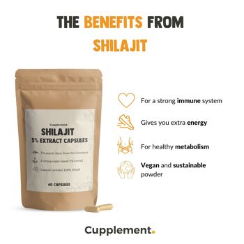Cupplement - Shilajit 60 gélules - 5 % d'extrait de résine - 500 mg par gélule - 100 % pur - Superaliment - Sans poudre - De l'Himalaya - Testostérone 4