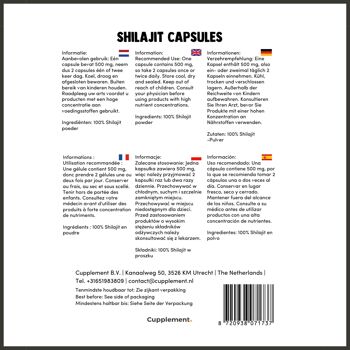 Cupplement - Shilajit 60 gélules - 5 % d'extrait de résine - 500 mg par gélule - 100 % pur - Superaliment - Sans poudre - De l'Himalaya - Testostérone 5