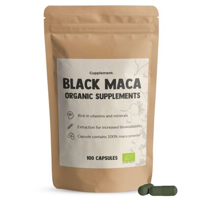 Cupplement - Black Maca - 100 Capsules - Organic - 500 MG Per Capsule - Black Maca - No Powder - Testosterone - Tablets - Superfood