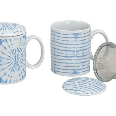 Taza de té de porcelana azul con tapa metálica con colador