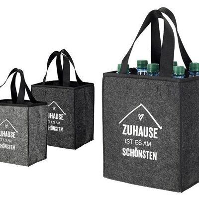 Bottle carrier for 6 bottles, with saying made of gray felt, 2-fold, (W/H/D) 24x28x18cm