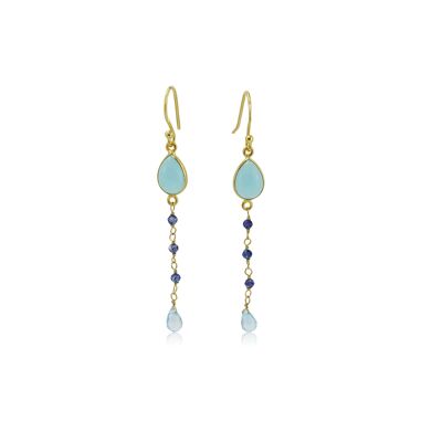 Aqua Chalcedony, Tanzantie and Blue Topaz Gold Drop Earring