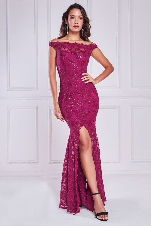 GODDIVA SCALLOP AND SEQUIN EMBROIDERED CHORDED LACE MERMAID BARDOT MAXI DRESS DR3890 BURGUNDY