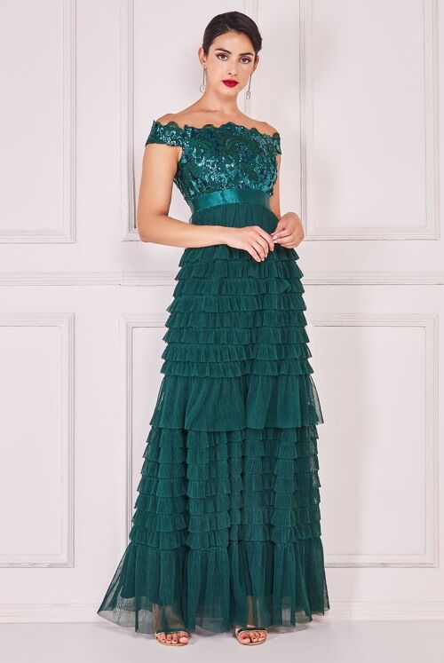 GODDIVA SCALLOP SEQUIN EMBROIDERED BARDOT TIERED RUFFLES MAXI DRESS DR3742 EMERALD