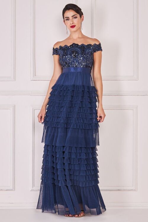 GODDIVA SCALLOP SEQUIN EMBROIDERED BARDOT TIERED RUFFLES MAXI DRESS DR3742 NAVY