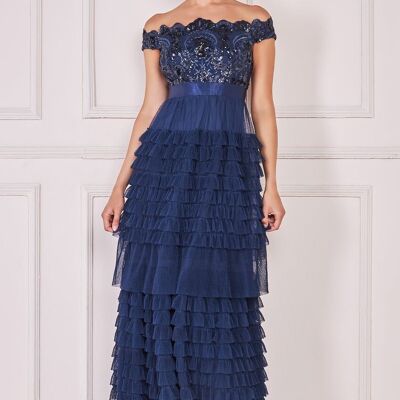 GODDIVA SCALLOP SEQUIN EMBROIDERED BARDOT TIERED RUFFLES MAXI DRESS DR3742 NAVY