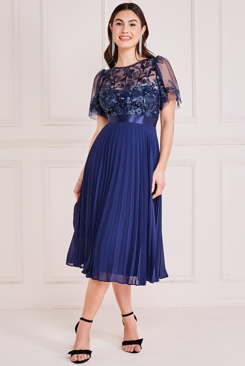 GODDIVA MIT PAILLETTEN BESTICKTES OBERTEIL UND SONNENAUFGANG-FALTENROCK-MIDIKLEID DR3802 NAVY