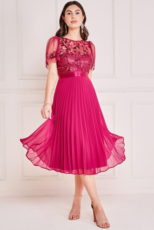 GODDIVA SEQUIN EMBROIDERED TOP AND SUNRISE PLEATED SKIRT MIDI DRESS DR3802 MAGENTA