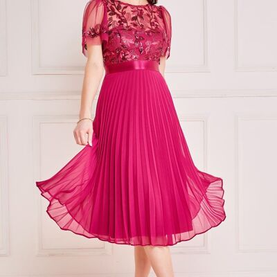 ABITO MIDI GODDIVA TOP RICAMO PAILLETTES E GONNA A PLISSE ALBA DR3802 MAGENTA