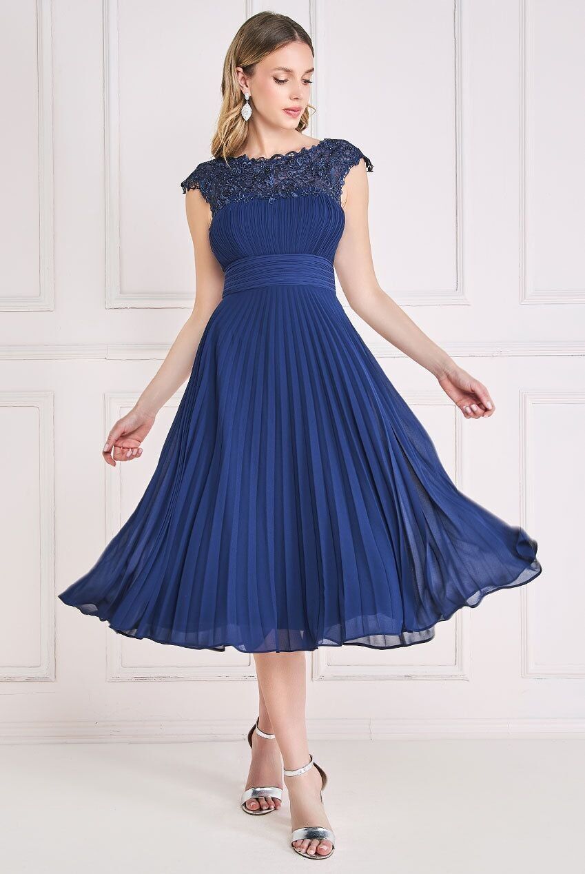 GODDIVA VERZIERTES HÄKELSPITZEN-PLISSE-MIEDER, SUNRISE-Faltenrock, MIDI-KLEID DR3821, NAVY