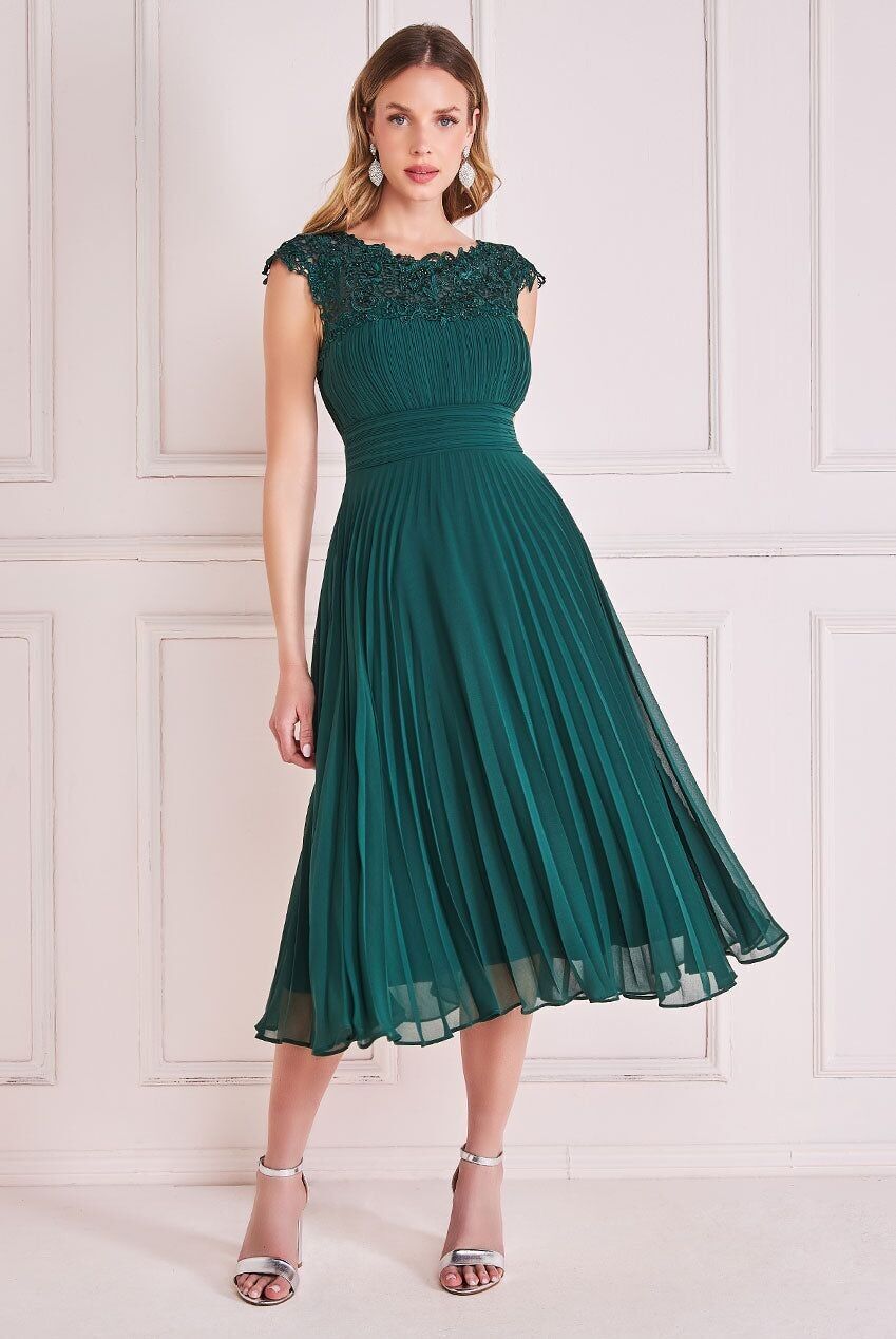 GODDIVA VERZIERTES HÄKELSPITZEN-PLISSE-MIEDER, SONNENAUFGANG-FALTENROCK-MIDIKLEID DR3821 EMERALD