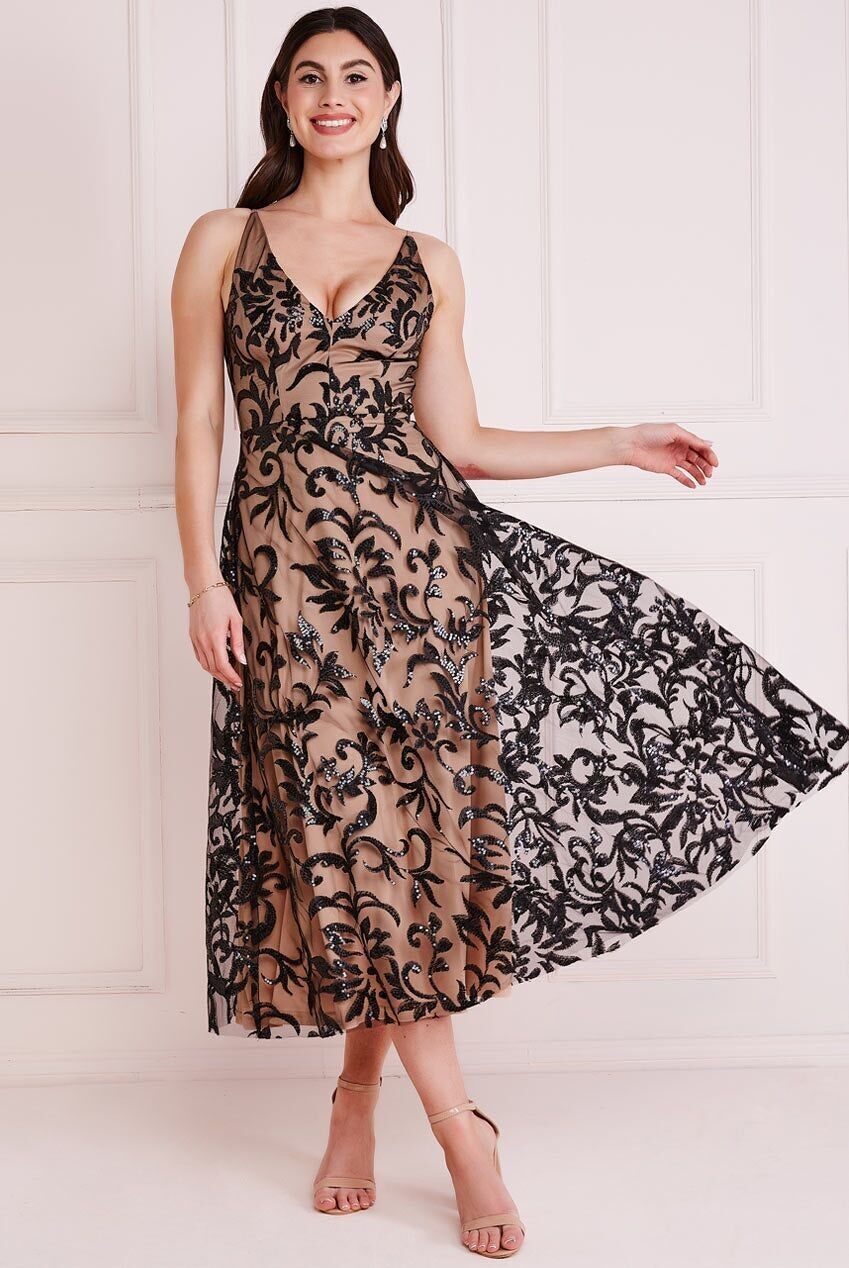 GODDIVA PAILLETTEN MESH V-AUSSCHLAG AUSGESTELLTER ROCK MIDIKLEID DR3860 SCHWARZ