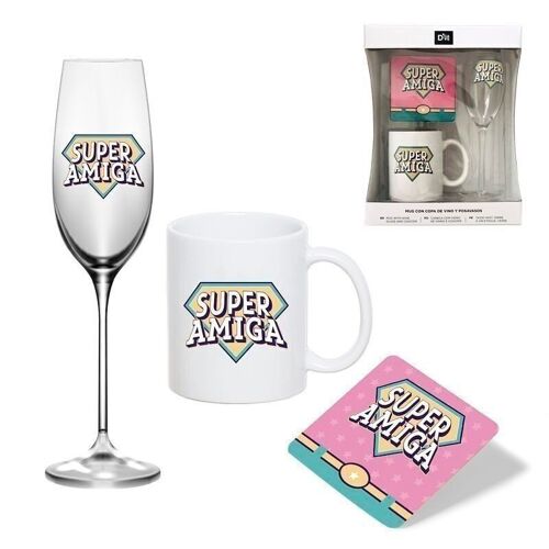 SET REGALO MUG 350ML CON COPA VINO 200ML Y POSAVASOS SUPER AMIGA HH304341