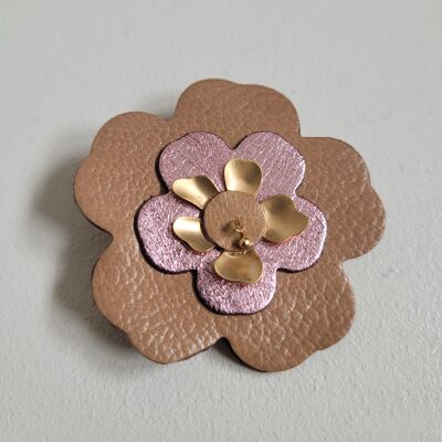 Cherry tree brooch new version in recycled leather and gold plated in beige color