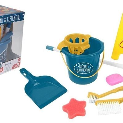 CLEMENT CLEMENTINE - Set de Ménage - Jeu d'Imitation - 109221 - Bleu - Plastique - Ménage - Balai - Jouet Enfant - Nettoyage - 24 cm x 17,5 cm - À Partir de 3 ans