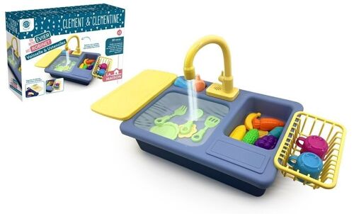 CLEMENT CLEMENTINE - Kit Vaisselle et son Évier - Jeu d'Imitation - 101190 - Bleu - Plastique - Ménage - Enfant - Dinette - Piles Non Incluses - 45 cm x 27 cm - À Partir de 3 ans