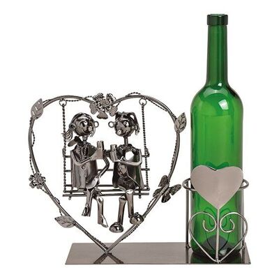 Portabottiglie per coppia di bottiglie di vino seduto su altalena a cuore in metallo nero (L / A / P) 32x23x10 cm