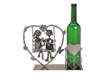 Porte-bouteille pour paire de bouteilles de vin assis sur balançoire cœur en métal noir (L / H / P) 32x23x10cm