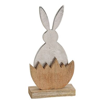 Metal bunny in half mango wood egg silver