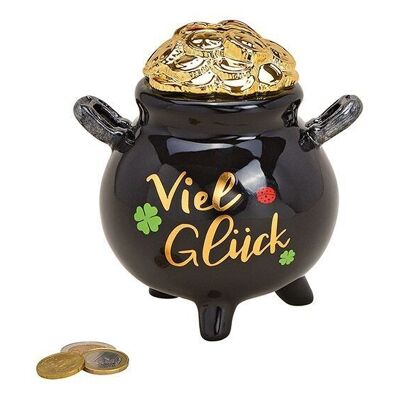 Money pot money pot, good luck, made of black ceramic, gold (W/H/D) 13x13x13cm