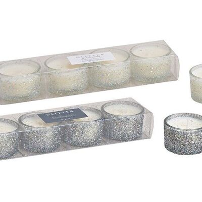 Tealight in un bicchiere con glitter 3x5x3cm bianco