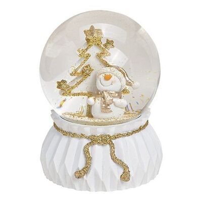 Caja de música/muñeco de nieve con bola de purpurina de poliéster, vidrio blanco, dorado (An/Al/Pr) 10x15x10cm