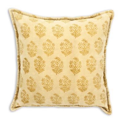 CUSHION 100% COTTON VELVET VINTAGE YELLOW WITH PRINT 45X45CM DORI