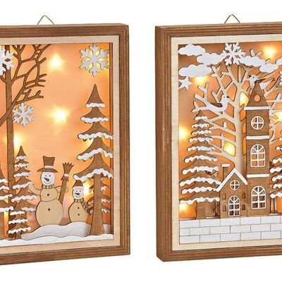 Winter scenes in the frame with LED lighting for hanging from wood nature 2-fold