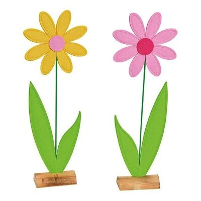 Flower on wooden stand made of felt yellow/pink 2-fold, (W/H/D) 17x49x6cm