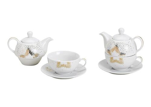 Teekannen-Set goldener Stern motiv mit  Tasse und Untertasse aus Porzellan Weiß 3er Set, 400/200ml(B/H/T) 16x15x16cm