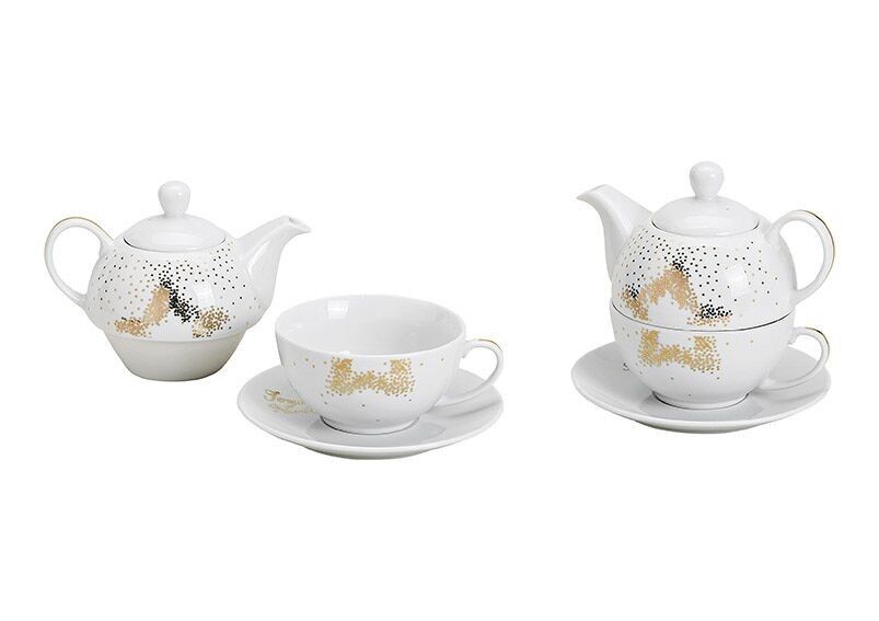 Service à théière motif étoile dorée avec tasse et soucoupe en porcelaine blanche, lot de 3, 400/200ml (L/H/P) 16x15x16cm