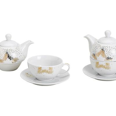 Teekannen-Set goldener Stern motiv mit Tasse und Untertasse aus Porzellan Weiß 3er Set, 400/200ml(B/H/T) 16x15x16cm