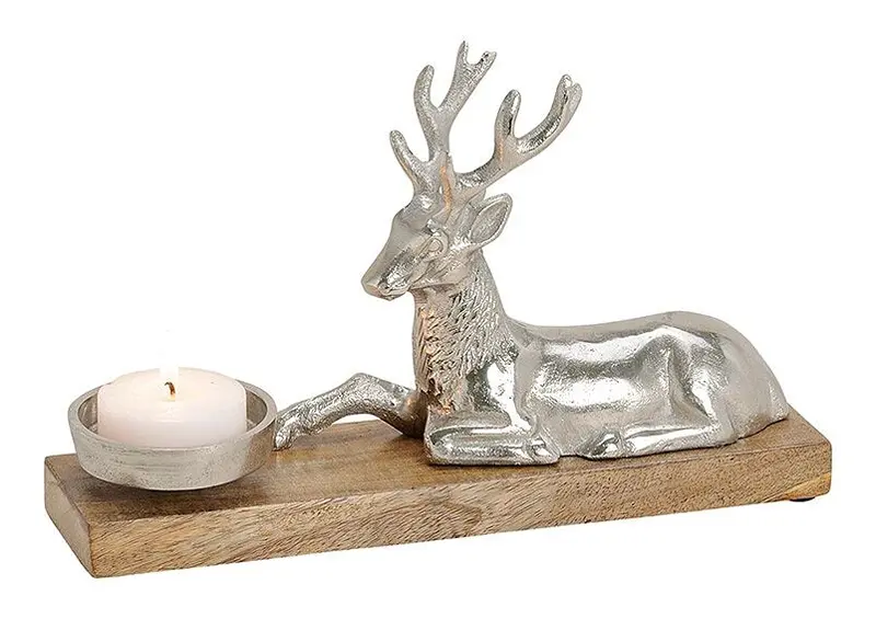 Buy wholesale Candle holder deer motif made of mango wood, metal brown, silver (W/H/D) 30x17x8cm