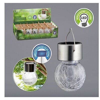 Solar light LED Crackle made of glass, stainless steel, transparent glass plastic, warm white, (W/H/D) 6x13x6cm incl. 1x1.2V Ni-MH 200mAH. 2/3AAA, on and off switch,