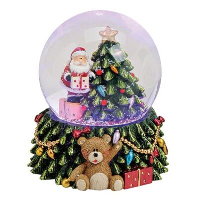 Sfera di neve di Babbo Natale sull'albero con illuminazione