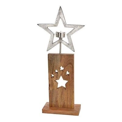 Tealight holder star made of metal on mango wood stand silver (W/H/D) 25x57x10cm