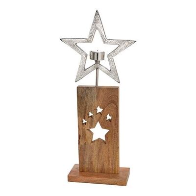 Portavelas estrella de metal sobre soporte de madera de mango plateado (An/Al/Pr) 25x57x10cm