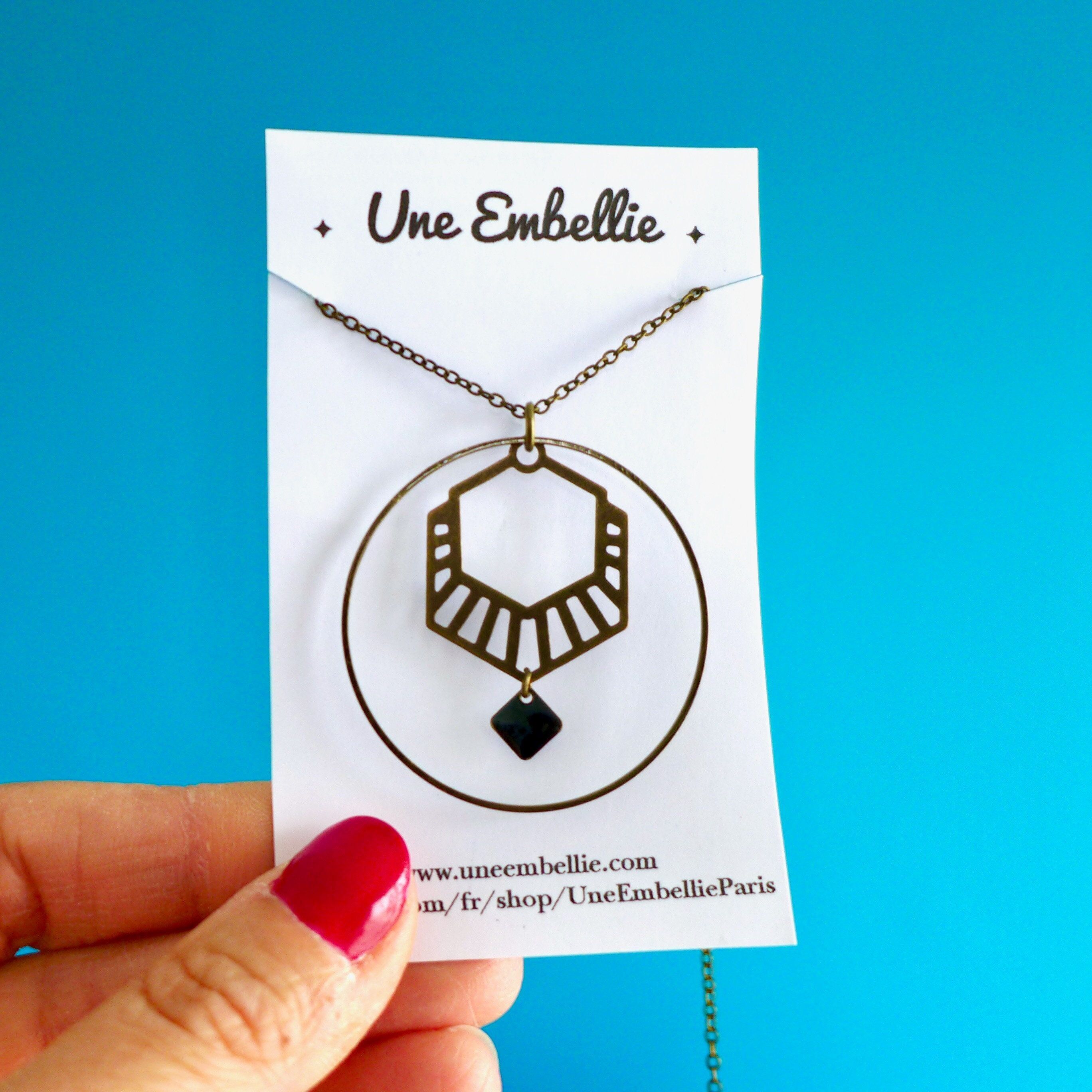 Collier pendentif hexagone graphique Art Déco bronze et noir