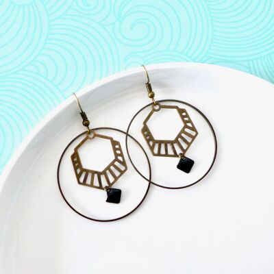 Art Deco graphic hexagon hoop earrings and black enamel
