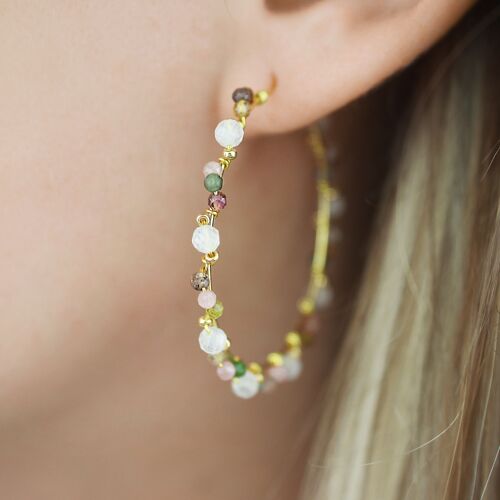 Boucles d'oreilles créoles en acier inoxydable doré et perles, pierre de lune, tourmaline