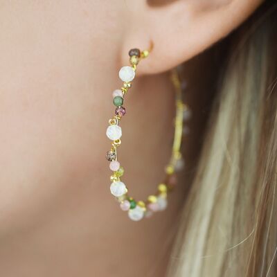 Creole earrings in gold stainless steel and pearls, moonstone, tourmaline