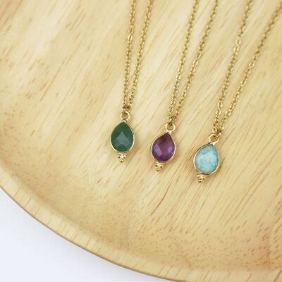 Gold stainless steel necklace and natural stone pendant, amazonite, moonstone, aventurine, amethyst