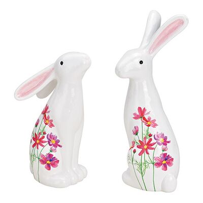 Bunny with flower decor made of ceramic white 2-fold